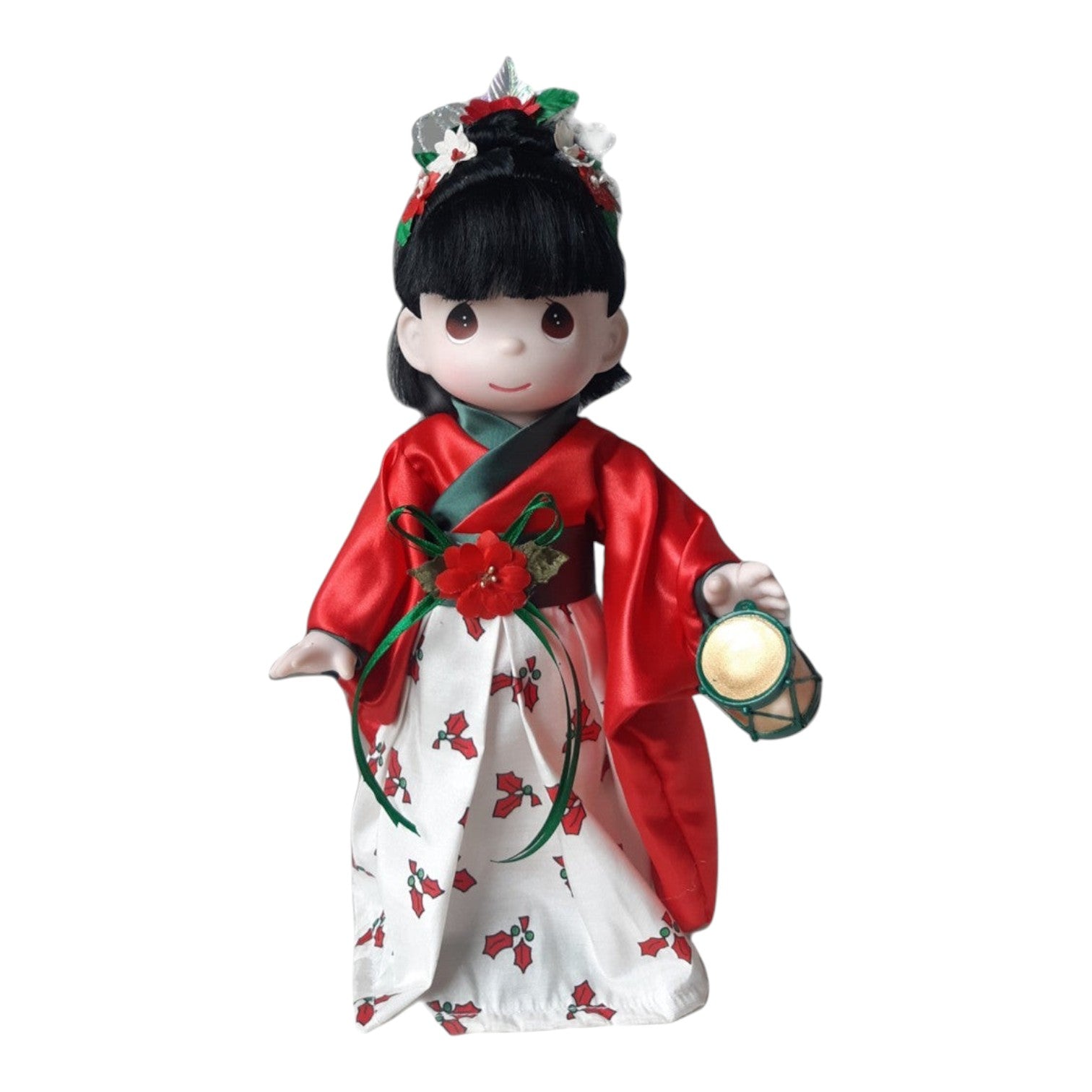 The Doll Maker 12-inch Japanese Christmas Koyuki doll in a red and white holly-patterned kimono with a small drum.