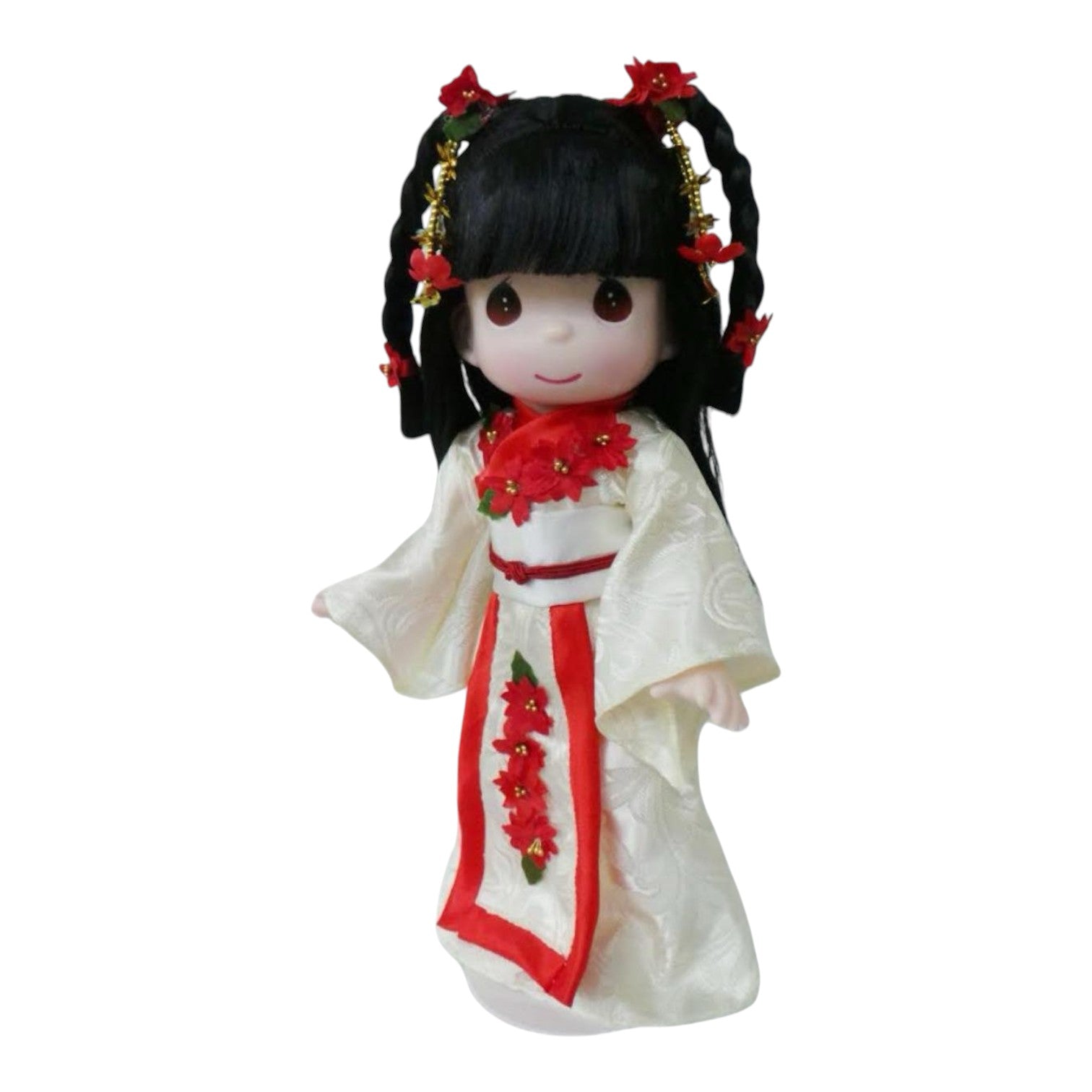 The Doll Maker 12-inch Japanese Youko Christmas doll wearing a white and red kimono with floral hair accessories.