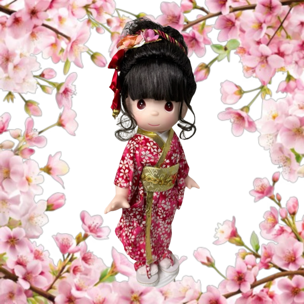The Doll Maker 12-inch Japanese Girl’s Day doll wearing a red floral kimono with gold accents and hair accessories.