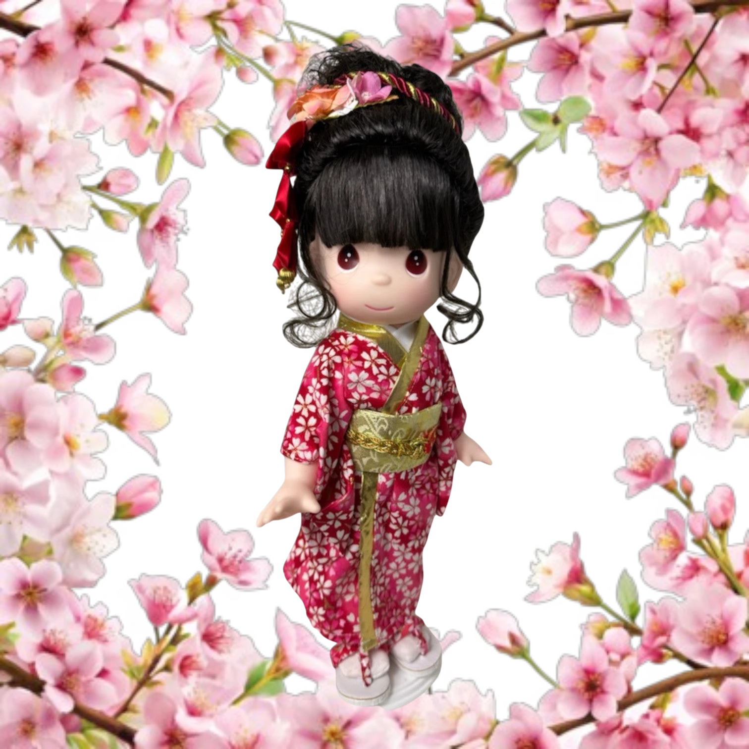 The Doll Maker 12-inch Japanese Girl’s Day doll wearing a red floral kimono with gold accents and hair accessories.