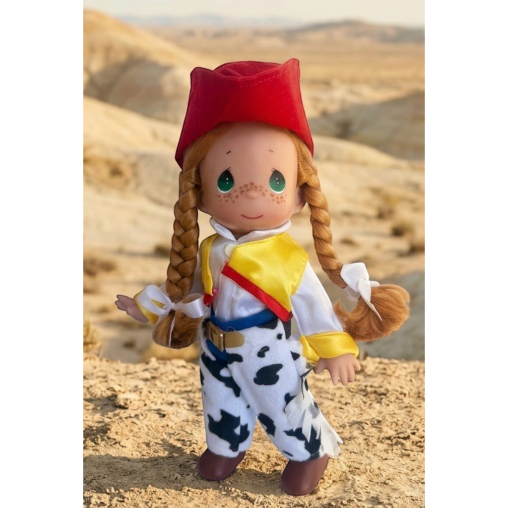 The Doll Maker 12-inch Jessie cowgirl doll from Toy Story with red hat, braided hair, and cow-print chaps in a desert