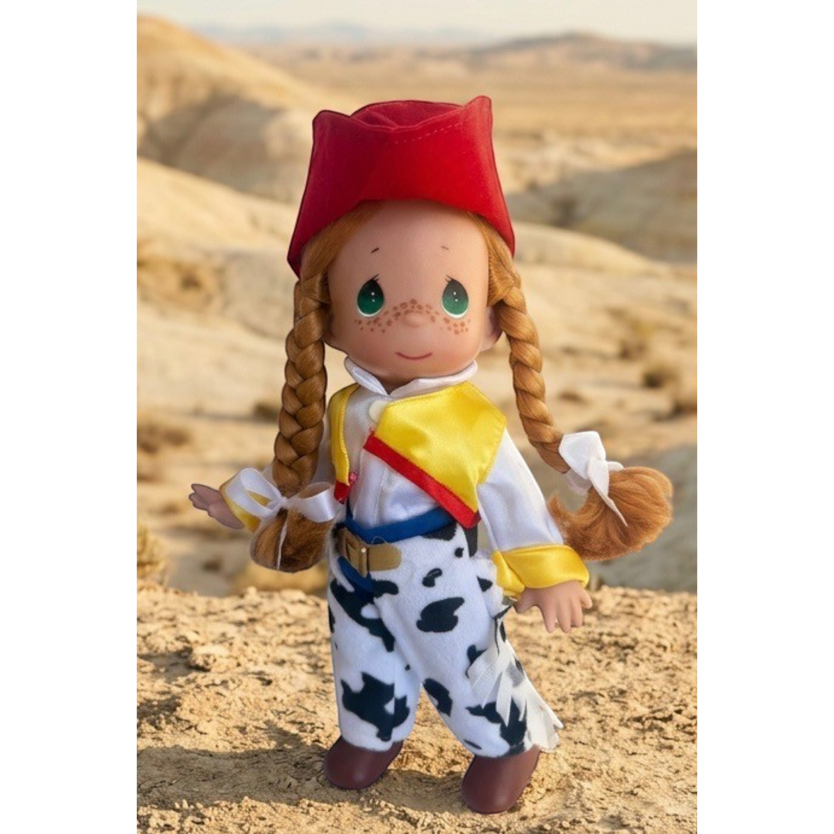The Doll Maker 12-inch Jessie cowgirl doll from Toy Story with red hat, braided hair, and cow-print chaps in a desert