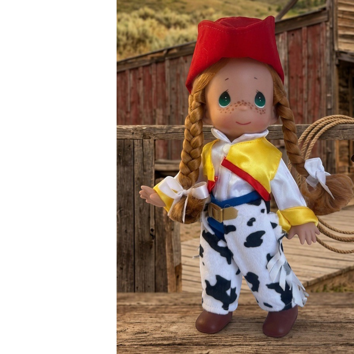 The Doll Maker 12-inch Jessie cowgirl doll from Toy Story with red hat, braided hair, and cow-print trousers.