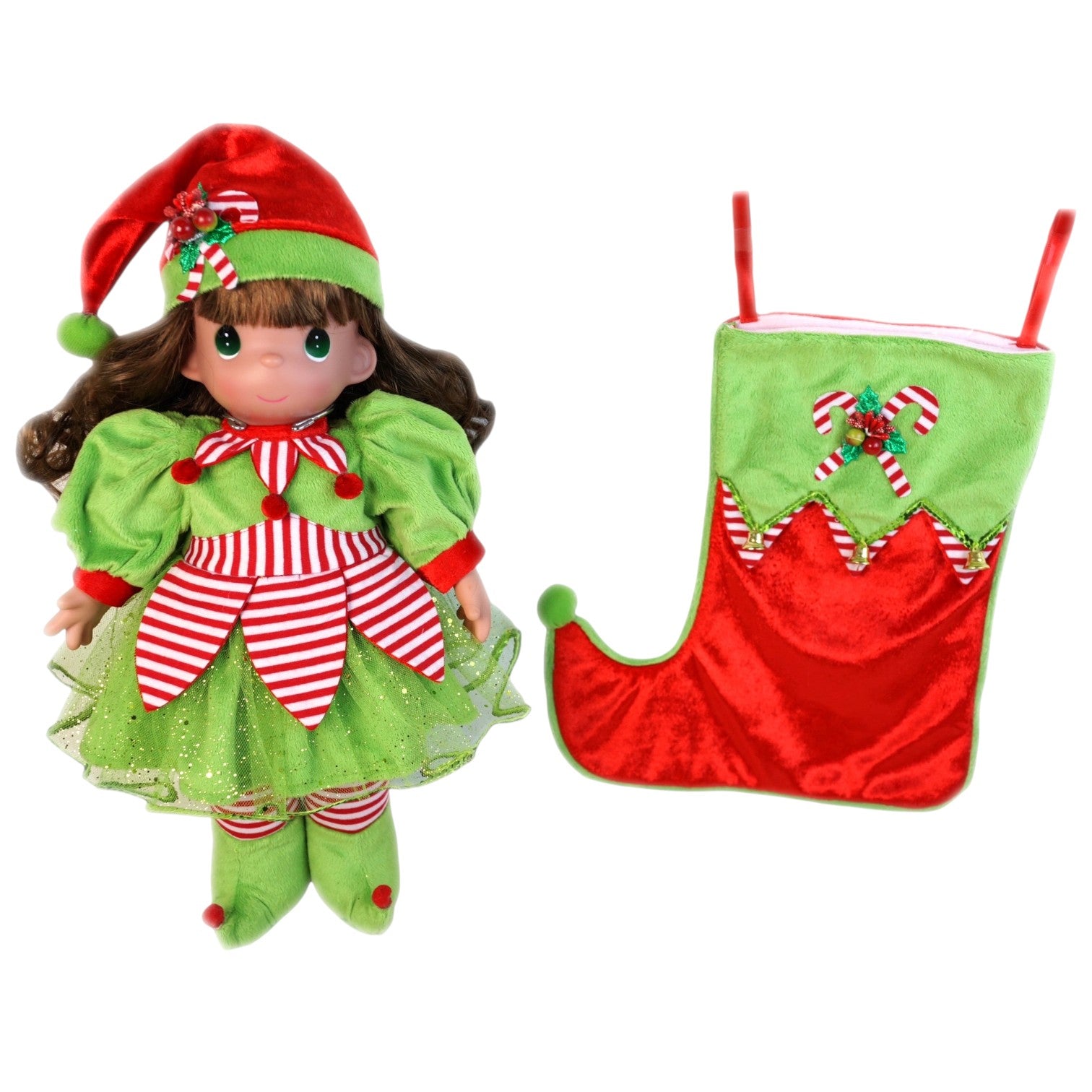 The Doll Maker 16-inch Jingle elf girl doll in a red and green outfit with a matching Christmas stocking.