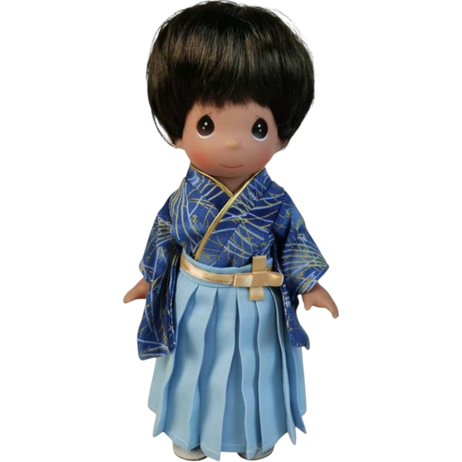 The Doll Maker 12-inch Kenshi doll wearing a blue patterned kimono and light blue hakama for Japanese Boy's Day.