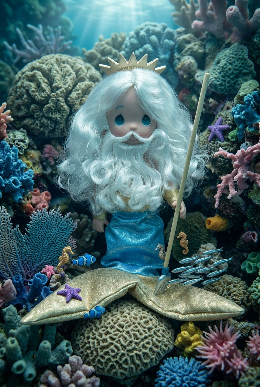 The Doll Maker King Triton 12-inch vinyl doll with white hair and beard, blue tail, and gold crown in a coral reef.