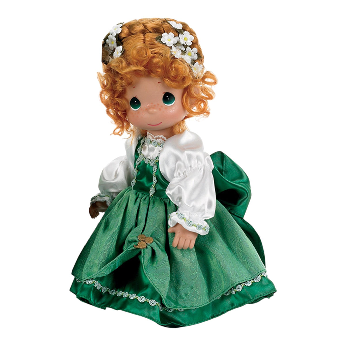 The Doll Maker Kylie 9-inch vinyl doll wearing a traditional green and white Irish costume with a floral headpiece.