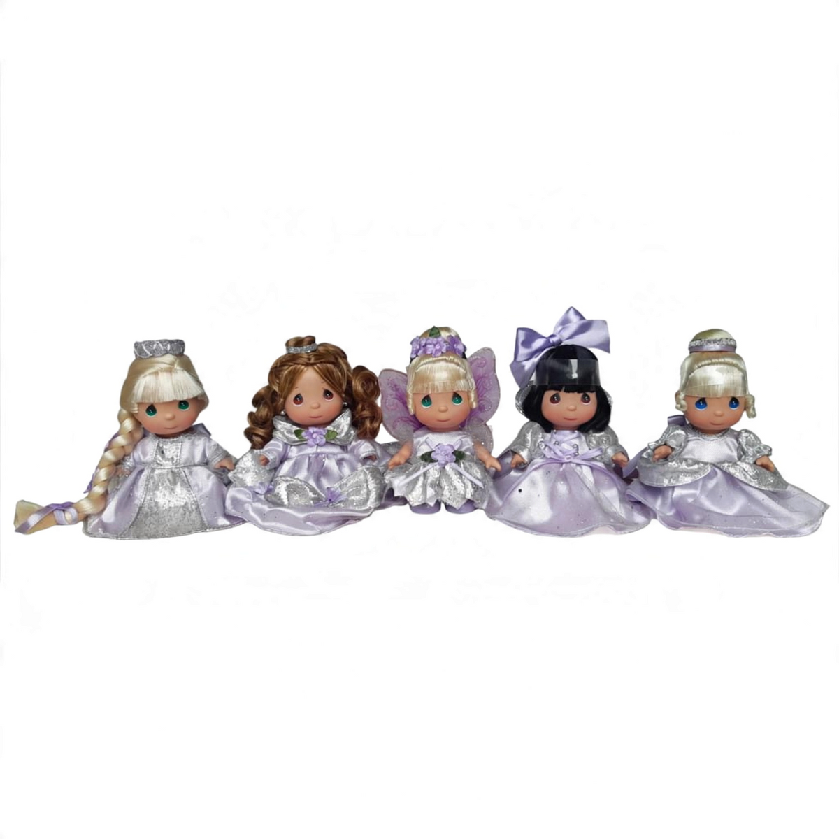 The Doll Maker Lavender Mini Princesses set featuring five 5-inch dolls in matching sparkly lavender and silver princess gowns. Rapunzel, Belle, Tinker Bell, Snow White, Cinderella.