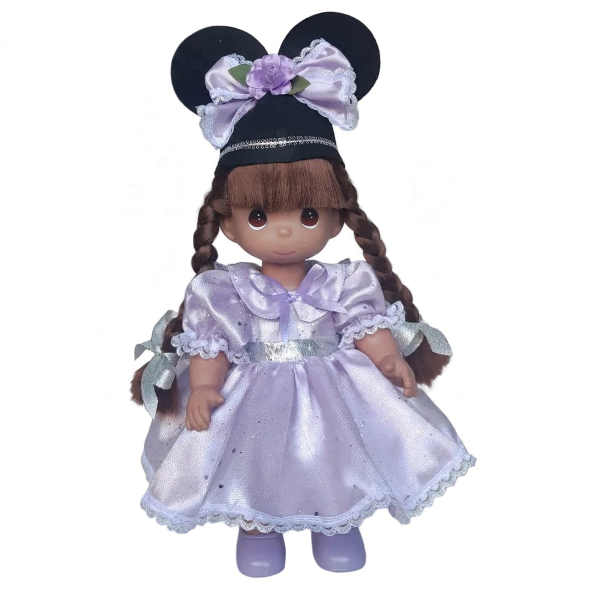 The Doll Maker 12-inch brunette Mouseketeer doll wearing a lavender satin dress and black mouse ear hat with ribbon.