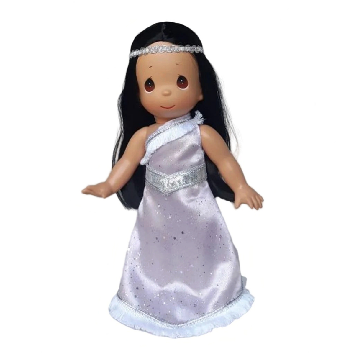 The Doll Maker 12-inch Lavender Pocahontas doll wearing a shimmering lavender gown with silver accents and headband.