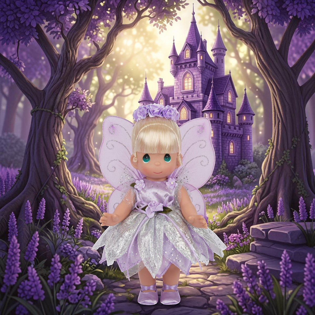 The Doll Maker 12-inch Lavender Tinker Bell doll with iridescent wings and floral crown in a magical forest setting.