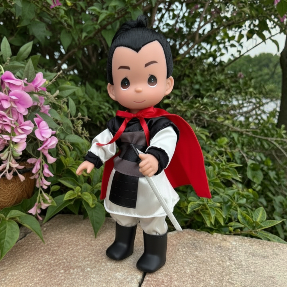 The Doll Maker Li Shang 12-inch vinyl doll wearing traditional military armor with a red cape in an outdoor setting.