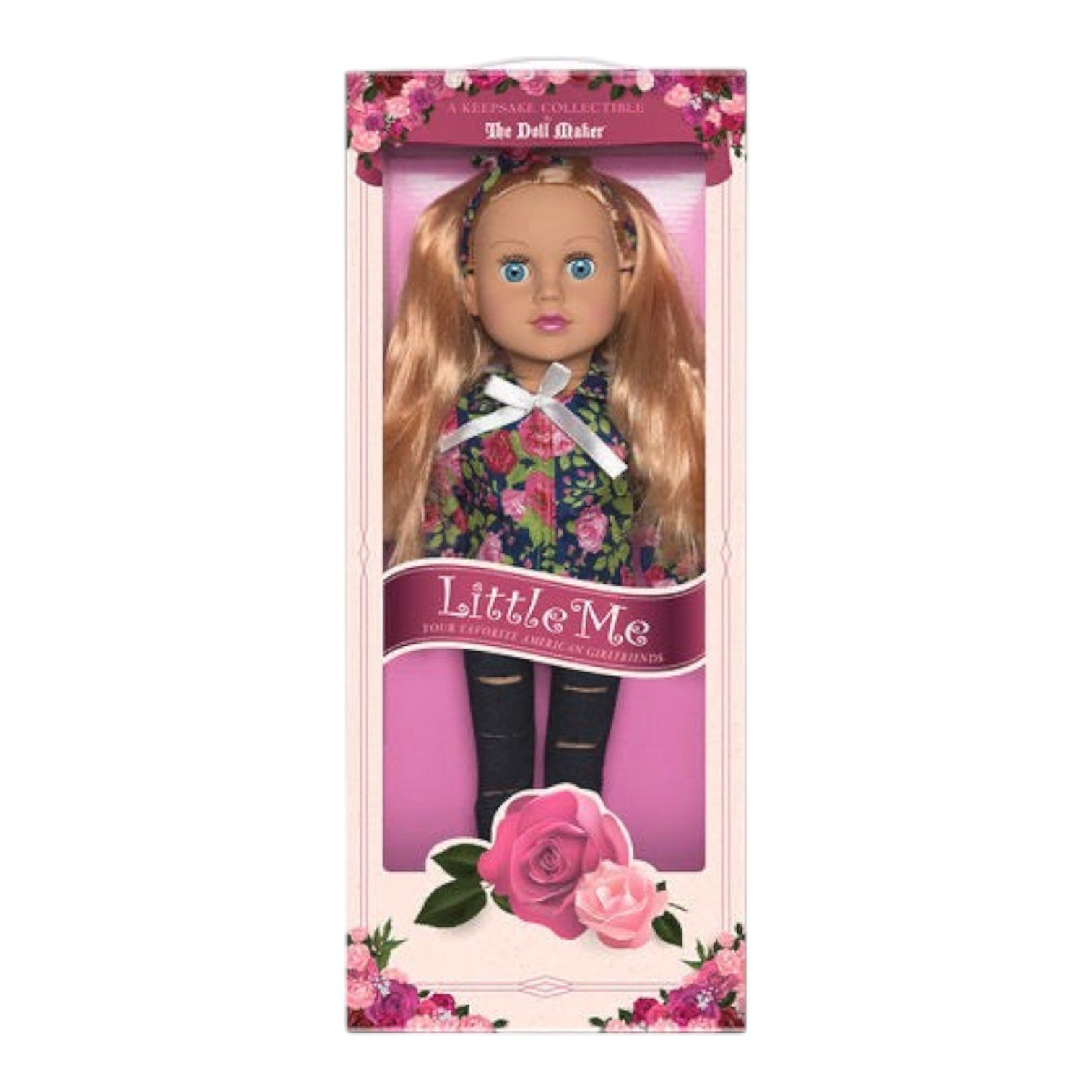 The Doll Maker 18-inch Little Me doll with long blonde hair wearing a floral top and black leggings in display box