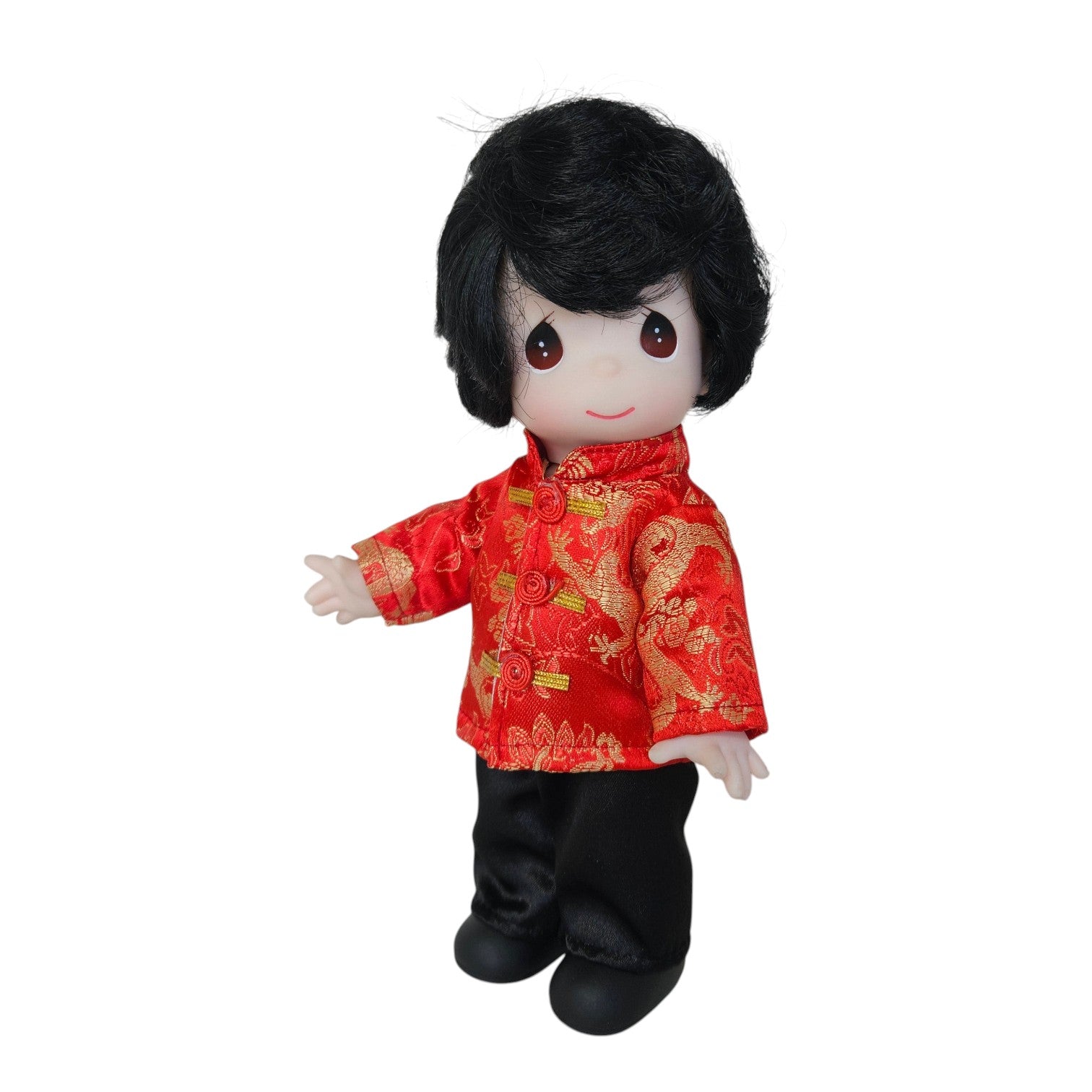 The Doll Maker 9-inch Lunar New Year doll Huang wearing a traditional red and gold silk jacket with black trousers.