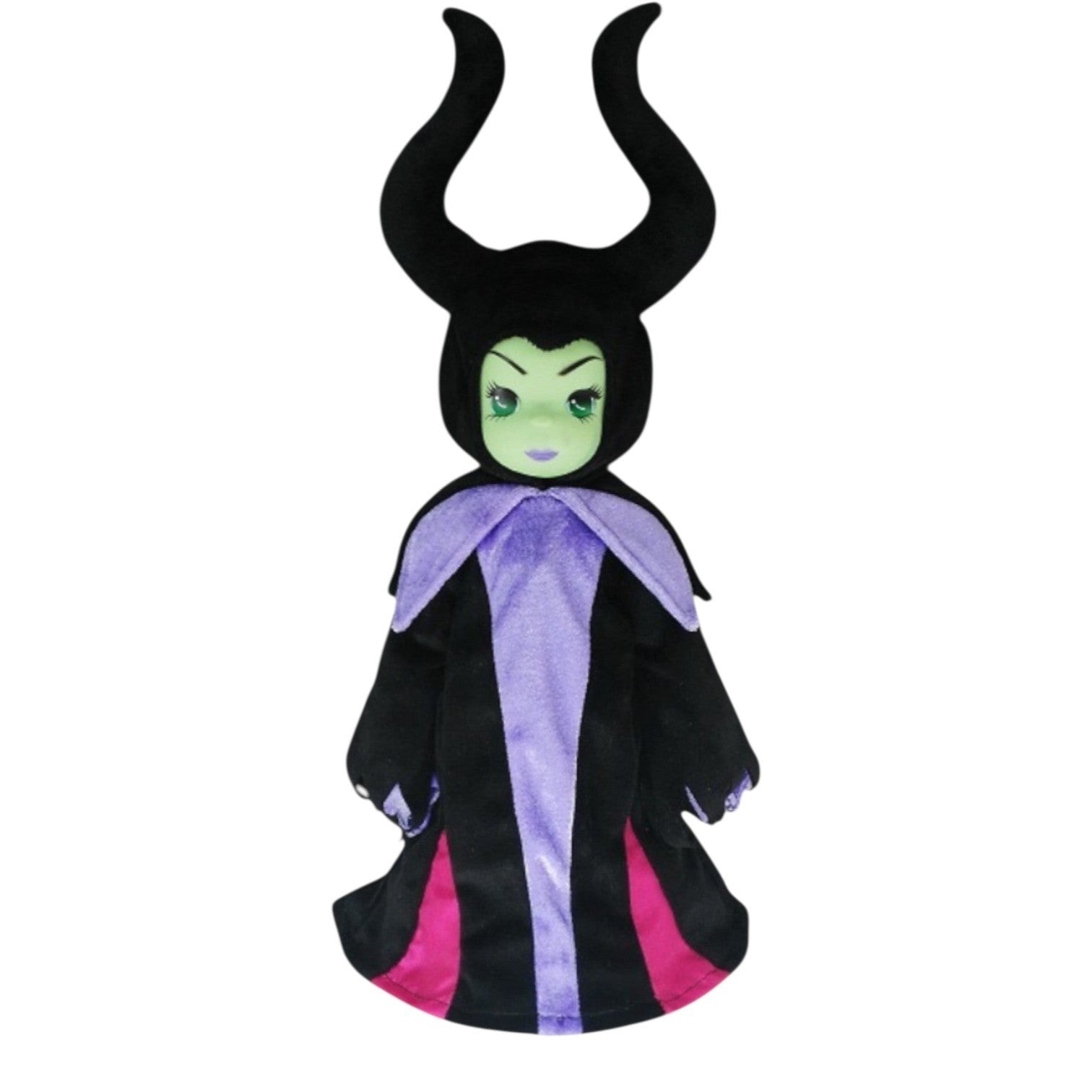 The Doll Maker 12-inch Maleficent doll from Sleeping Beauty featuring iconic black horns and a purple and pink gown.