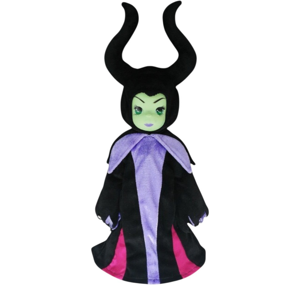The Doll Maker 12-inch Maleficent doll from Sleeping Beauty featuring iconic black horns and a purple and pink gown.