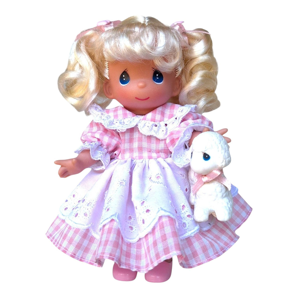 The Doll Maker 7-inch Mary Had a Little Lamb vinyl doll with blonde hair wearing a pink gingham dress and holding a lamb