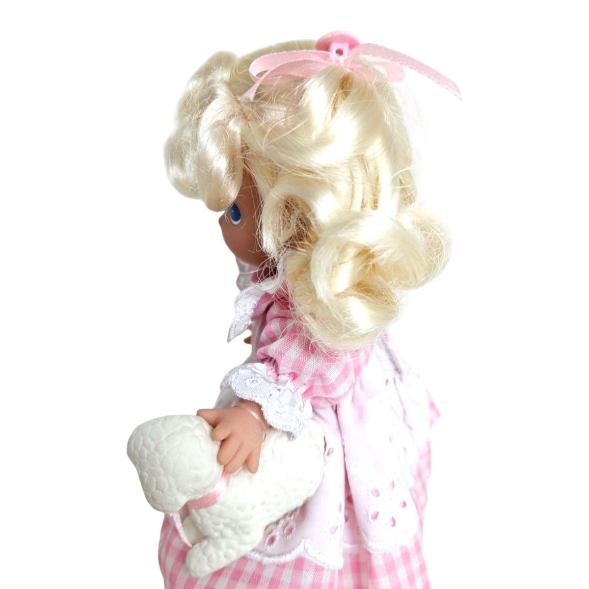 The Doll Maker Mary Had a Little Lamb 7-inch vinyl doll with blonde curls wearing a pink gingham dress holding a lamb