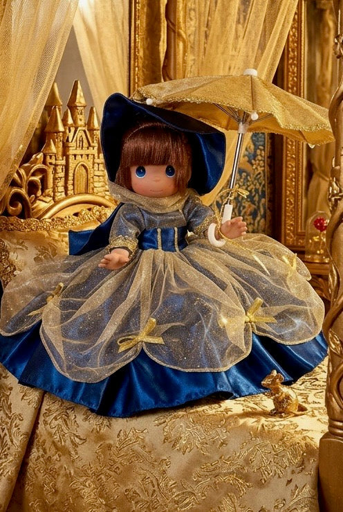 The Doll Maker 50th Anniversary Mary Poppins doll in a blue and gold gown with a matching parasol on a gold bed.
