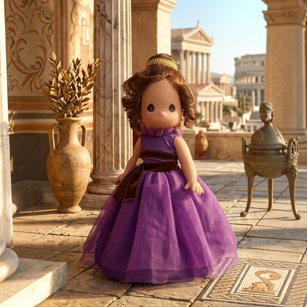 The Doll Maker Meg 12-inch doll wearing a purple tulle dress with a brown sash and gold headband in a Greek setting.