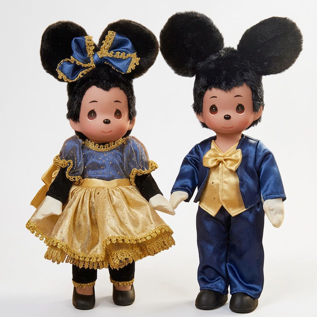 The Doll Maker 50th anniversary Mickey and Minnie Mouse collector dolls in elegant blue and gold formal outfits.