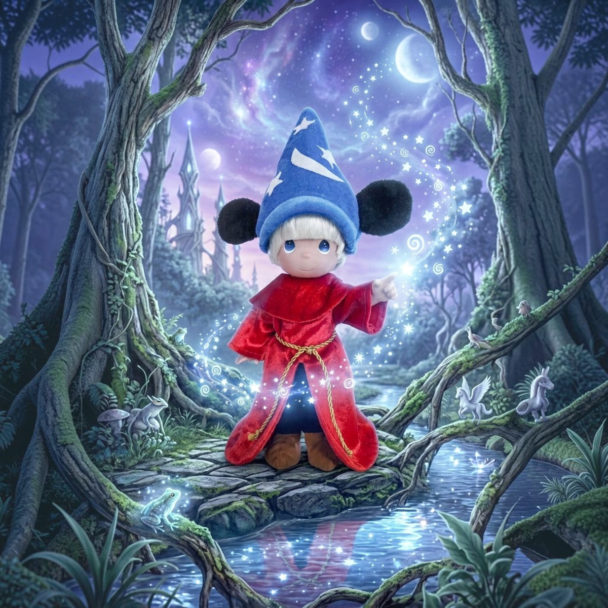 The Doll Maker Mickey Sorcerer 12-inch doll wearing a blue wizard hat and red velvet robe in a magical forest setting.