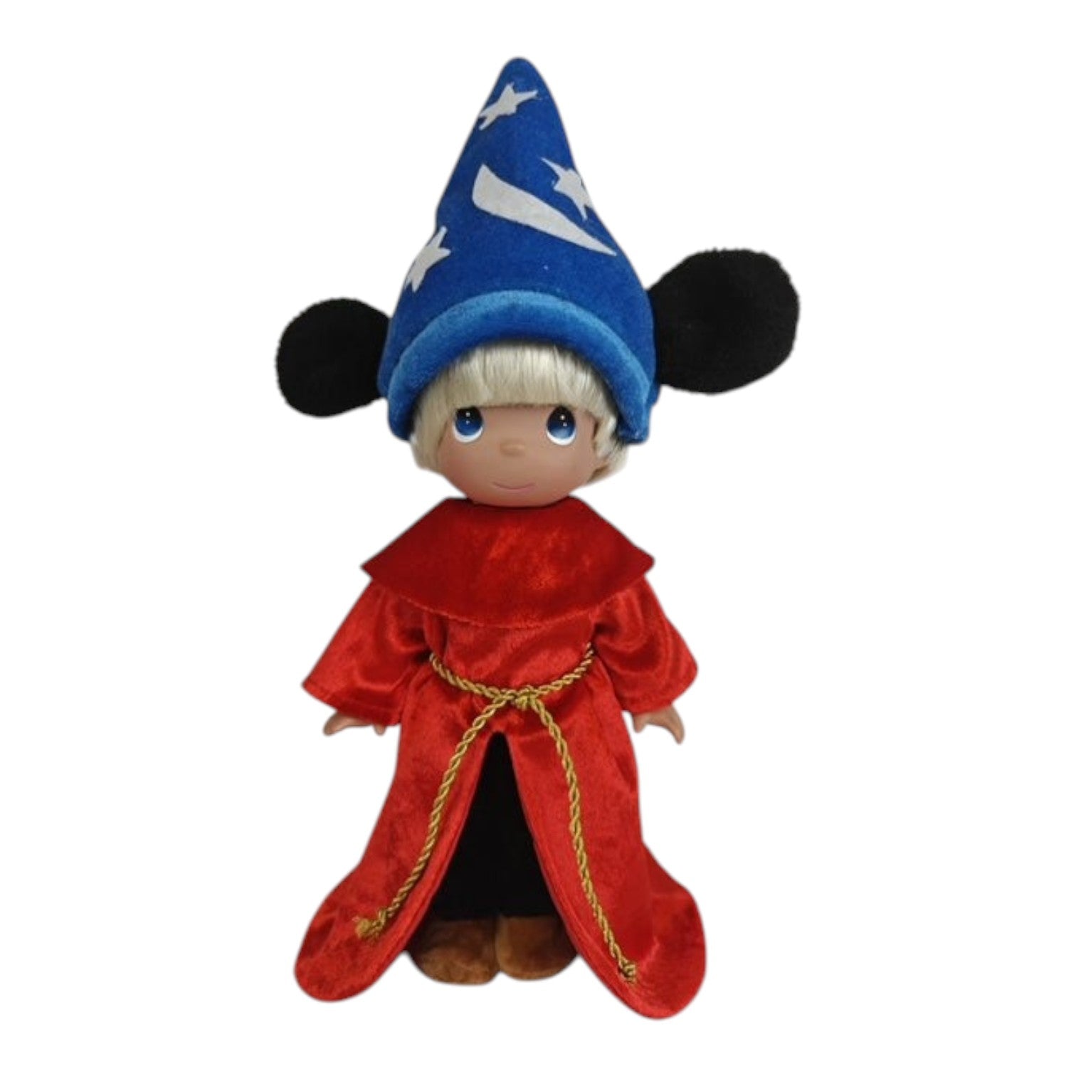 The Doll Maker Mickey Sorcerer 12-inch doll wearing a blue star-patterned wizard hat and a red velvet robe.
