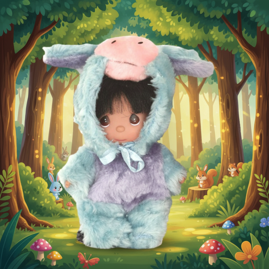 The Doll Maker 5-inch mini doll wearing a plush blue Eeyore-inspired outfit.