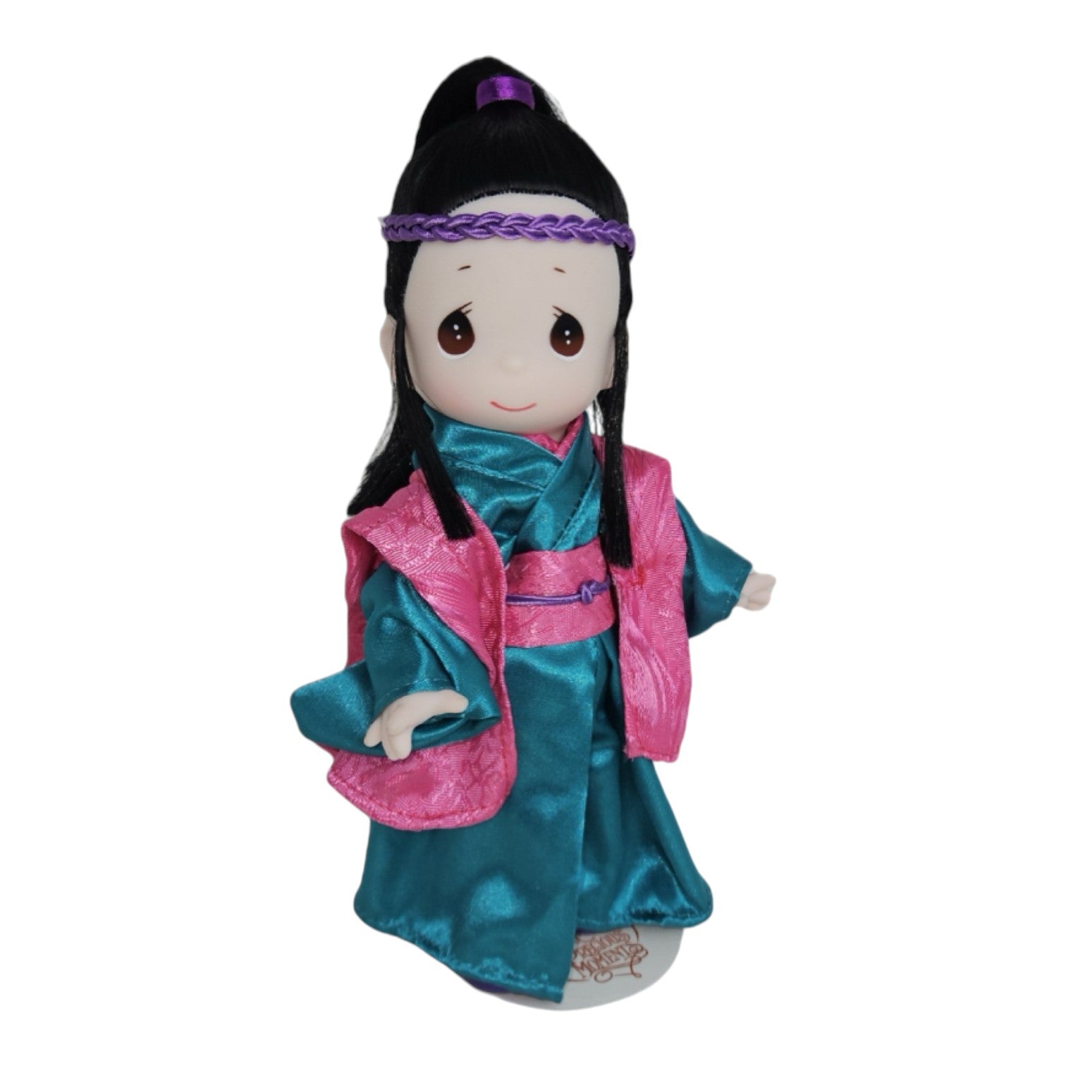 The Doll Maker 9-inch Mugen Japanese Boy's Day doll wearing a teal and pink satin kimono with a purple headband.