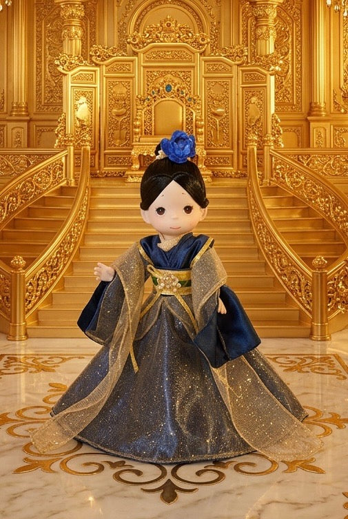The Doll Maker 50th Anniversary Mulan 12-inch doll in a blue and gold gown with a matching blue hair flower.