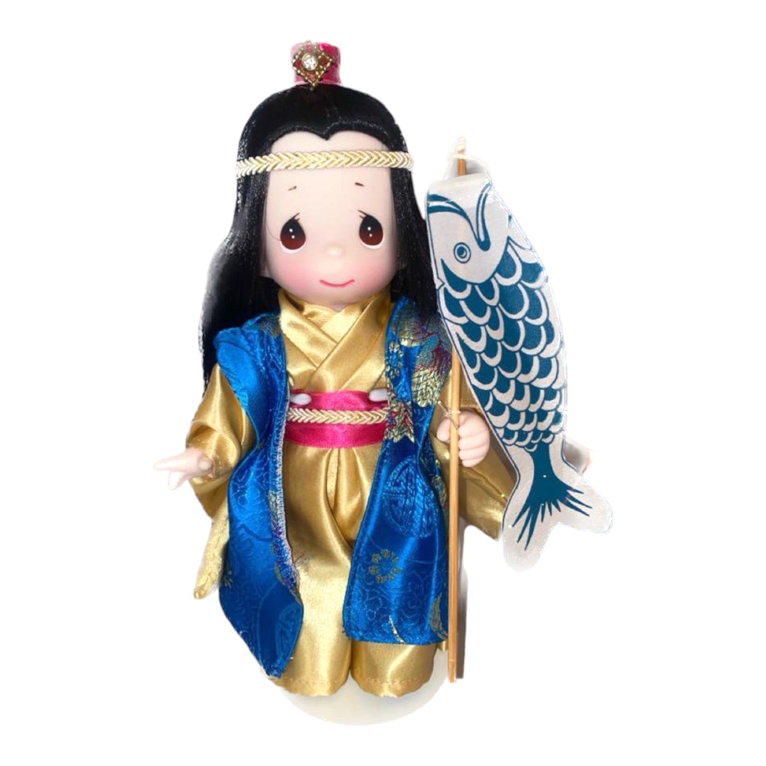 The Doll Maker Naoki Japanese Boys Day vinyl doll in gold and blue kimono holding a carp kite with a doll stand