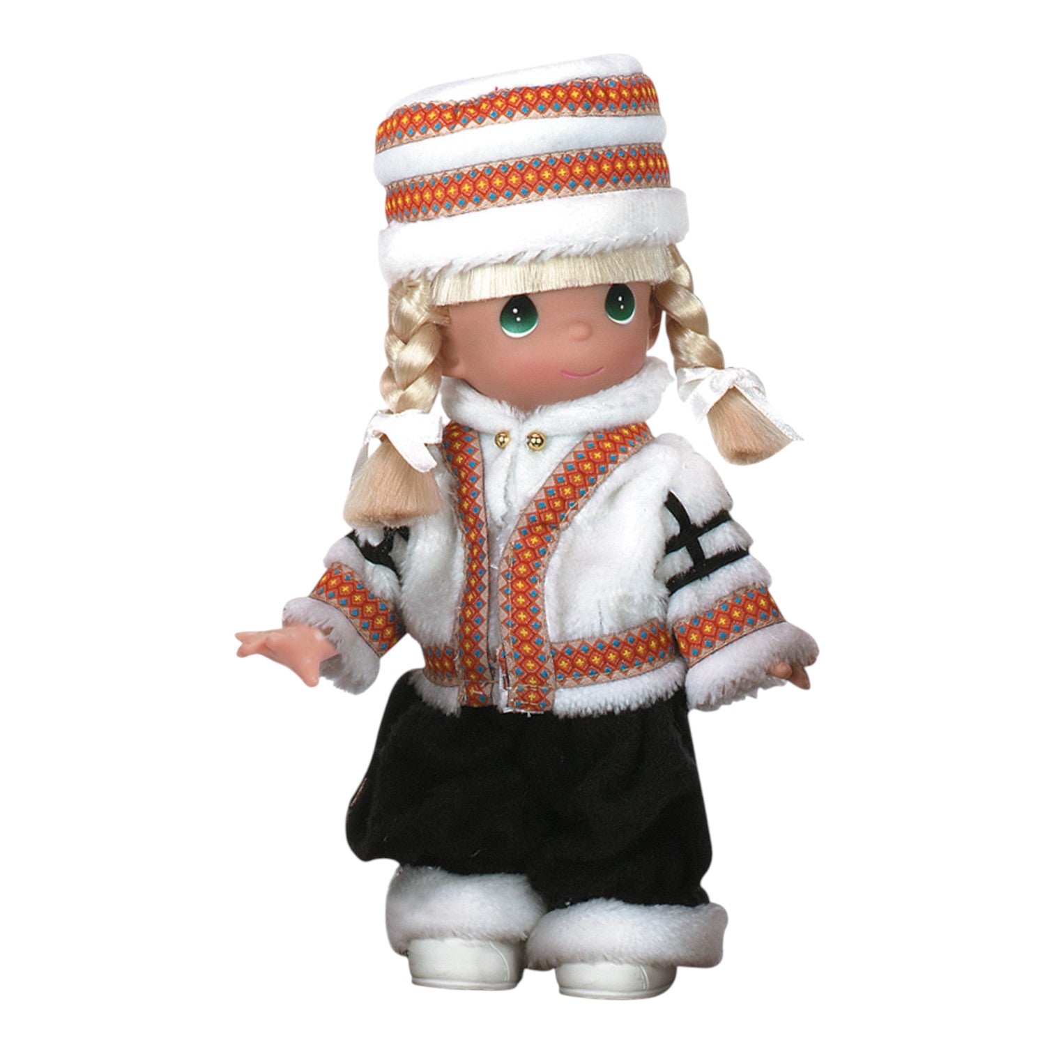 The Doll Maker Nora 9-inch vinyl doll wearing a traditional Norwegian costume with a patterned hat and white fur trim.