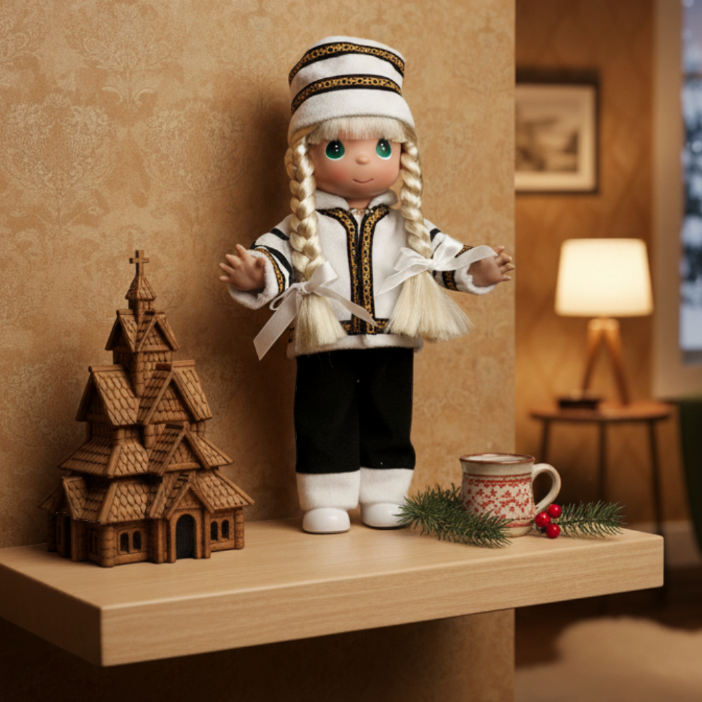 The Doll Maker 12-inch Norway doll wearing a traditional Scandinavian outfit with blonde braids on a wooden shelf.