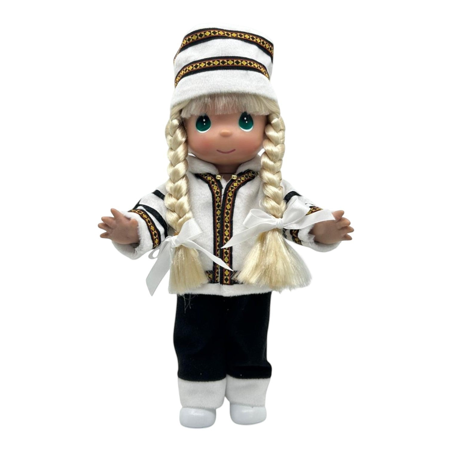 The Doll Maker 12-inch Norwegian doll with blonde braided hair wearing a traditional white and black Scandinavian costume