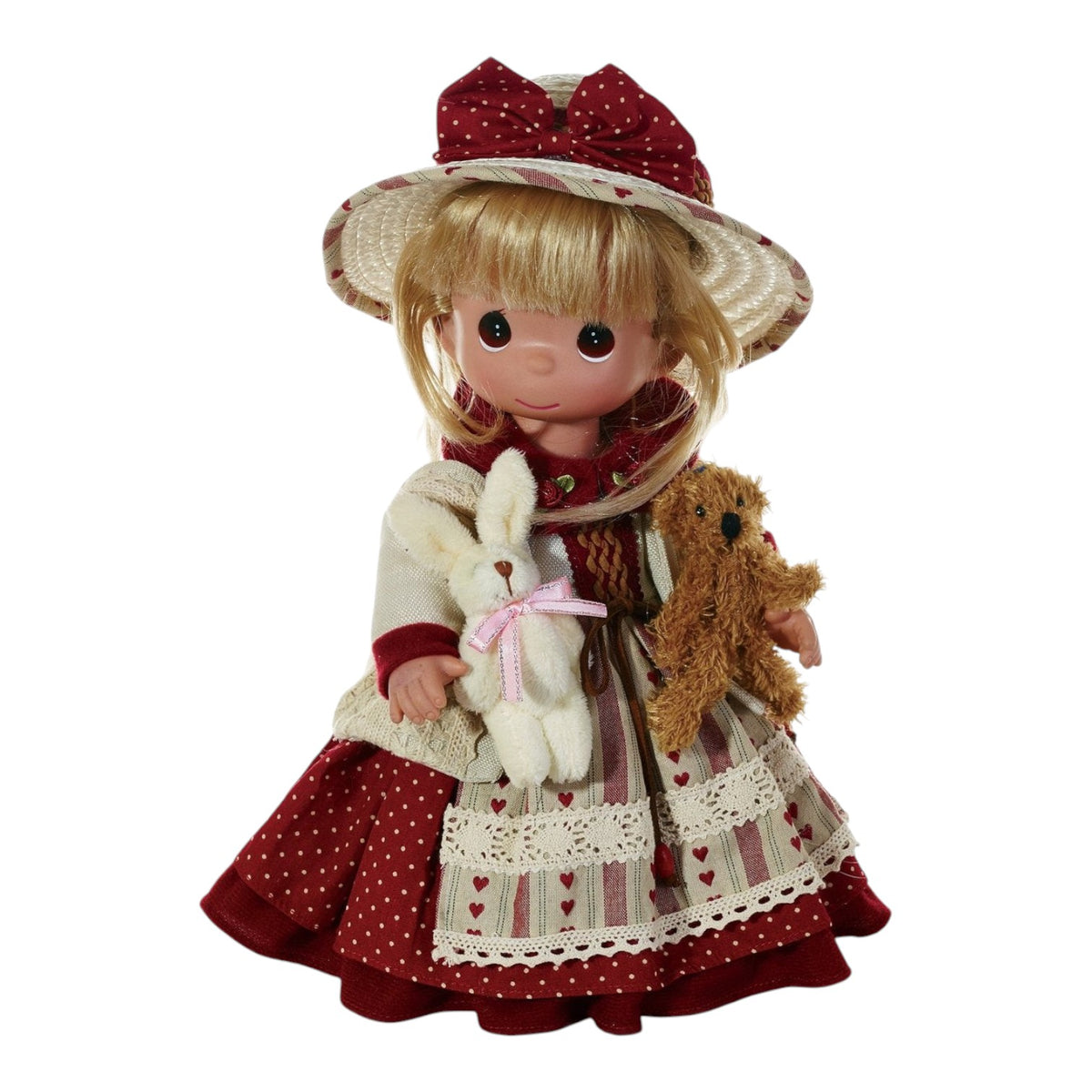 The Doll Maker An Old Fashioned Love 12-inch vinyl doll wearing a red polka dot dress, hat, and holding plush toys.