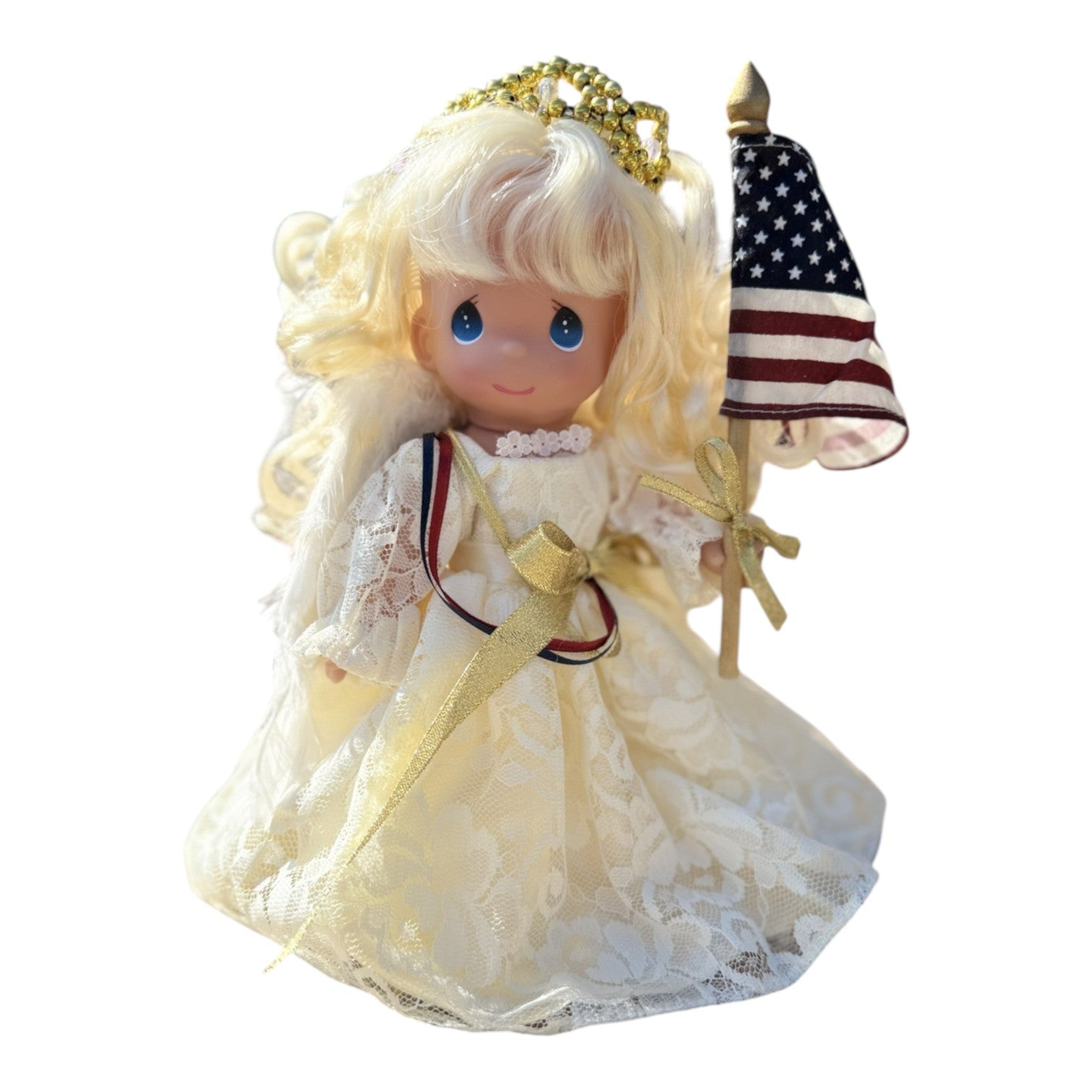 The Doll Maker Sweet Liberty 9-inch patriotic angel doll wearing a lace gown and holding an American flag