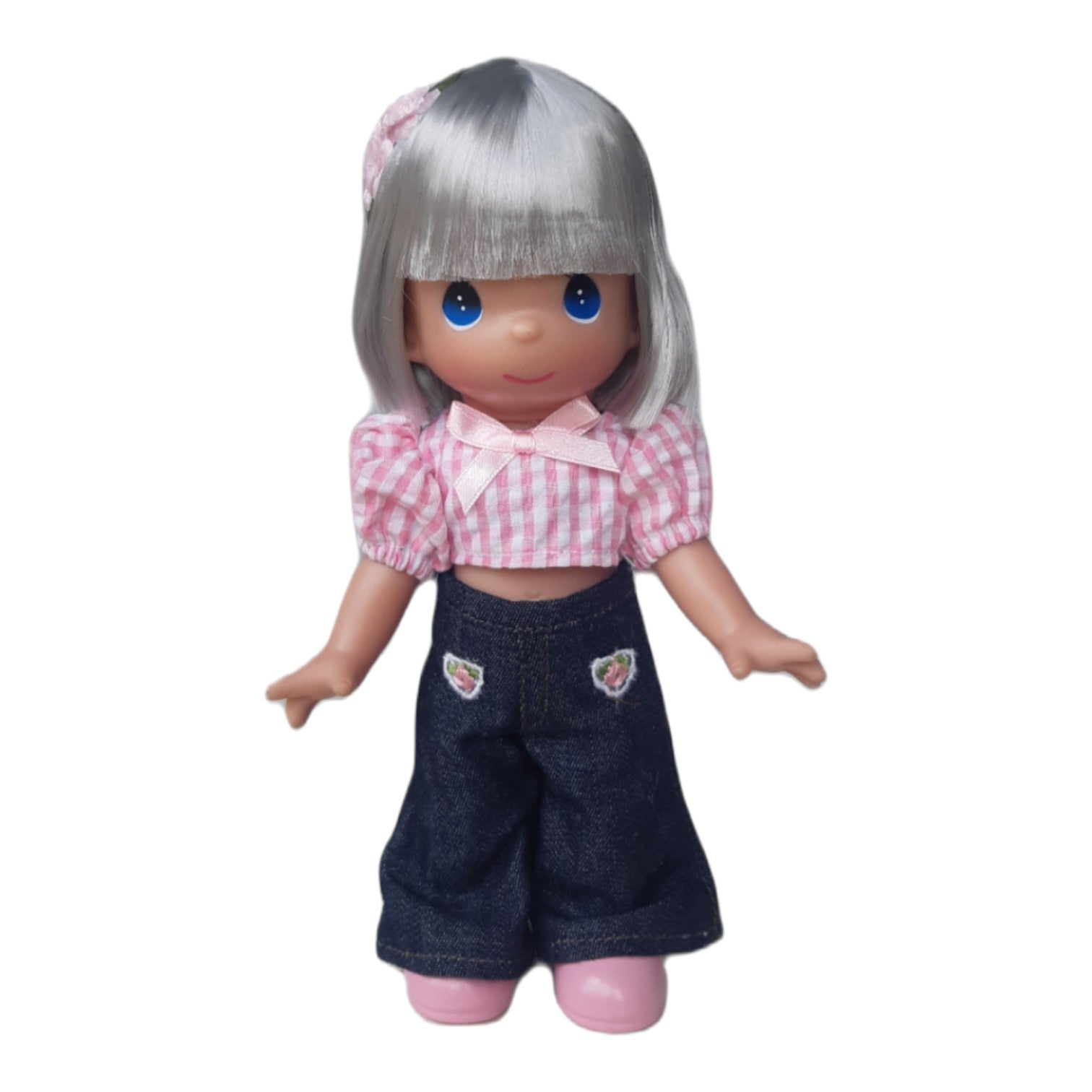The Doll Maker Paula May 9-inch collector doll with silver hair, pink gingham top, and dark denim flared pants.