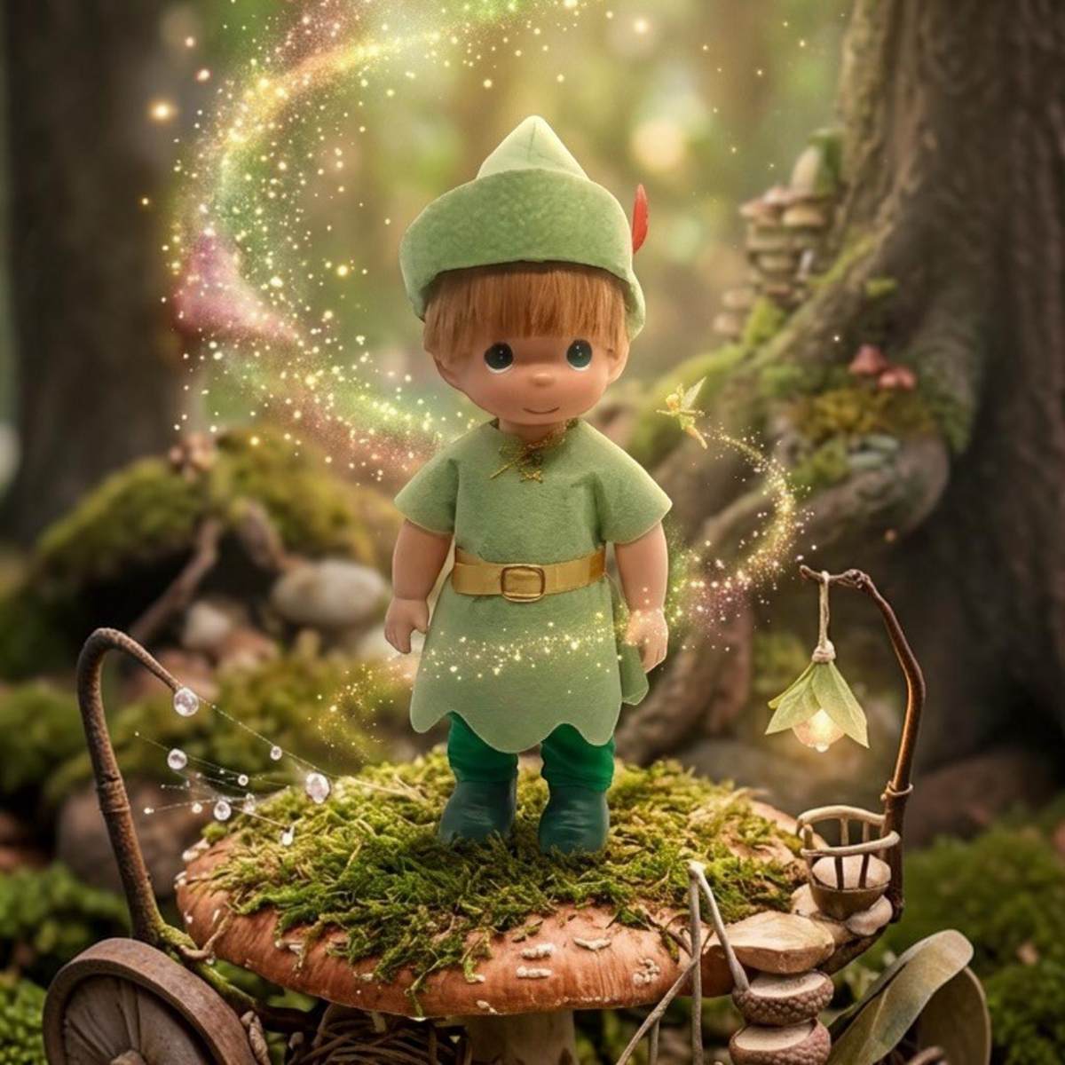 The Doll Maker 12-inch Peter Pan collectible doll wearing a green tunic and hat in a magical forest setting.