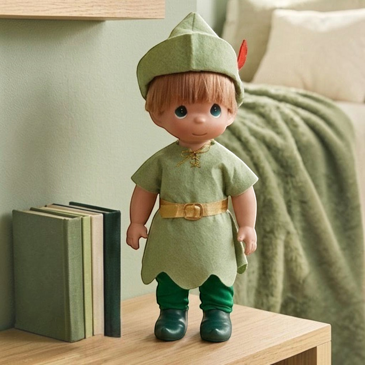 The Doll Maker 12-inch Peter Pan collectible doll wearing a green felt tunic, matching hat with feather, and boots.