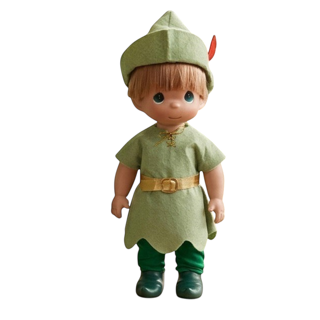 The Doll Maker 12-inch Peter Pan collectible doll wearing a green felt tunic, matching hat with feather, and boots.