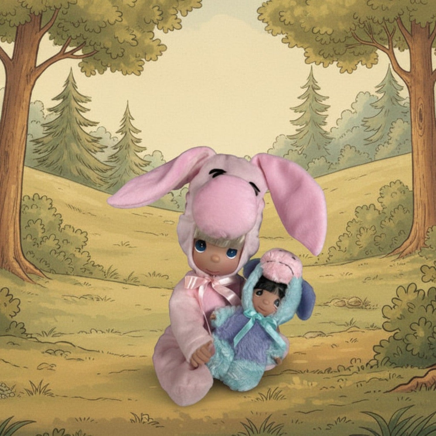 The Doll Maker 12-inch Piglet doll holding a 5-inch Eeyore plush doll in a whimsical forest setting.