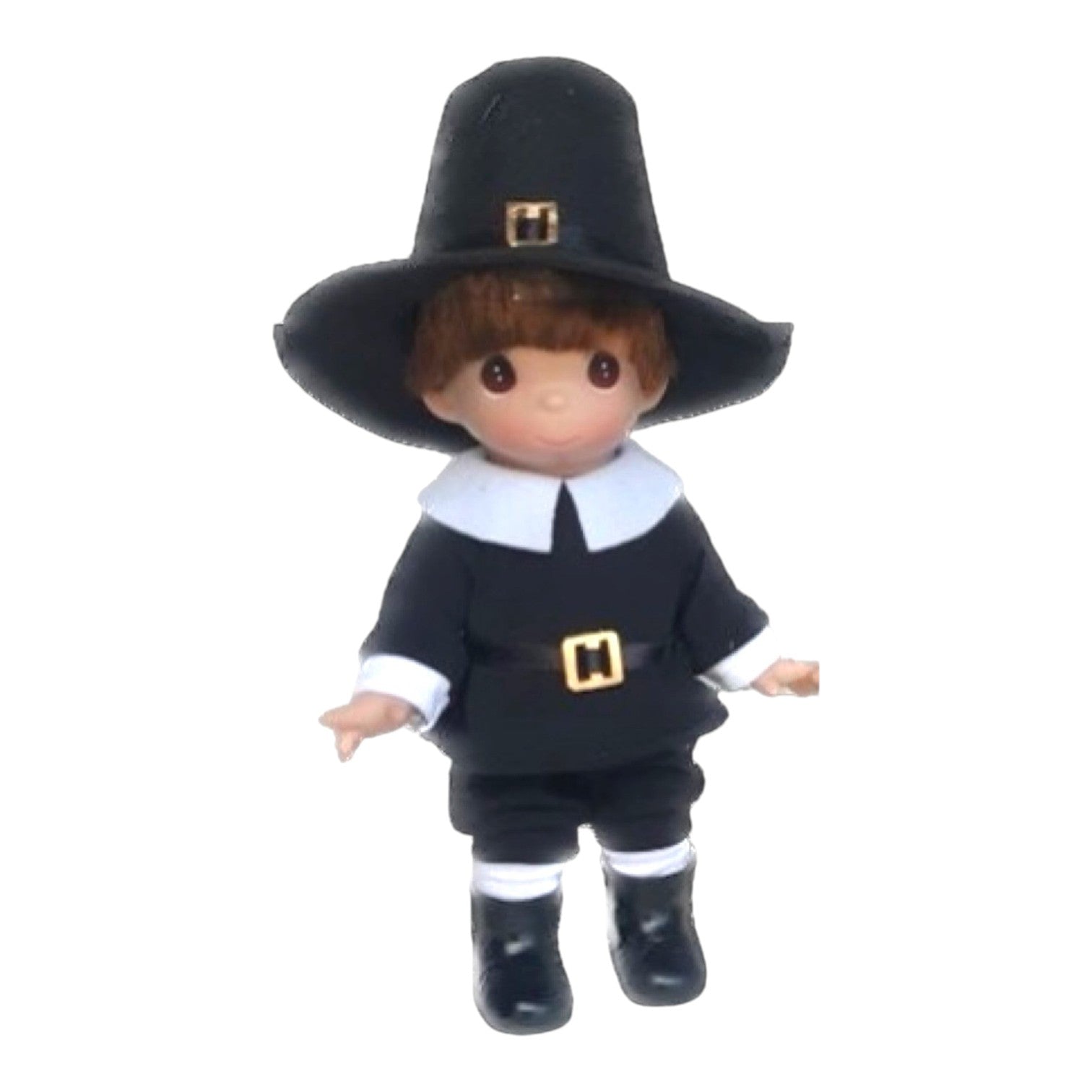 The Doll Maker 9-inch Pilgrim Boy doll wearing a black outfit with a white collar, belt, and matching pilgrim hat.
