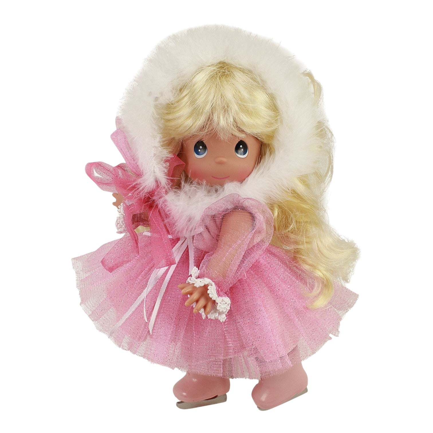 The Doll Maker Skating Through Life vinyl ice skater doll with blonde hair in a pink tulle dress and fur-trimmed hood
