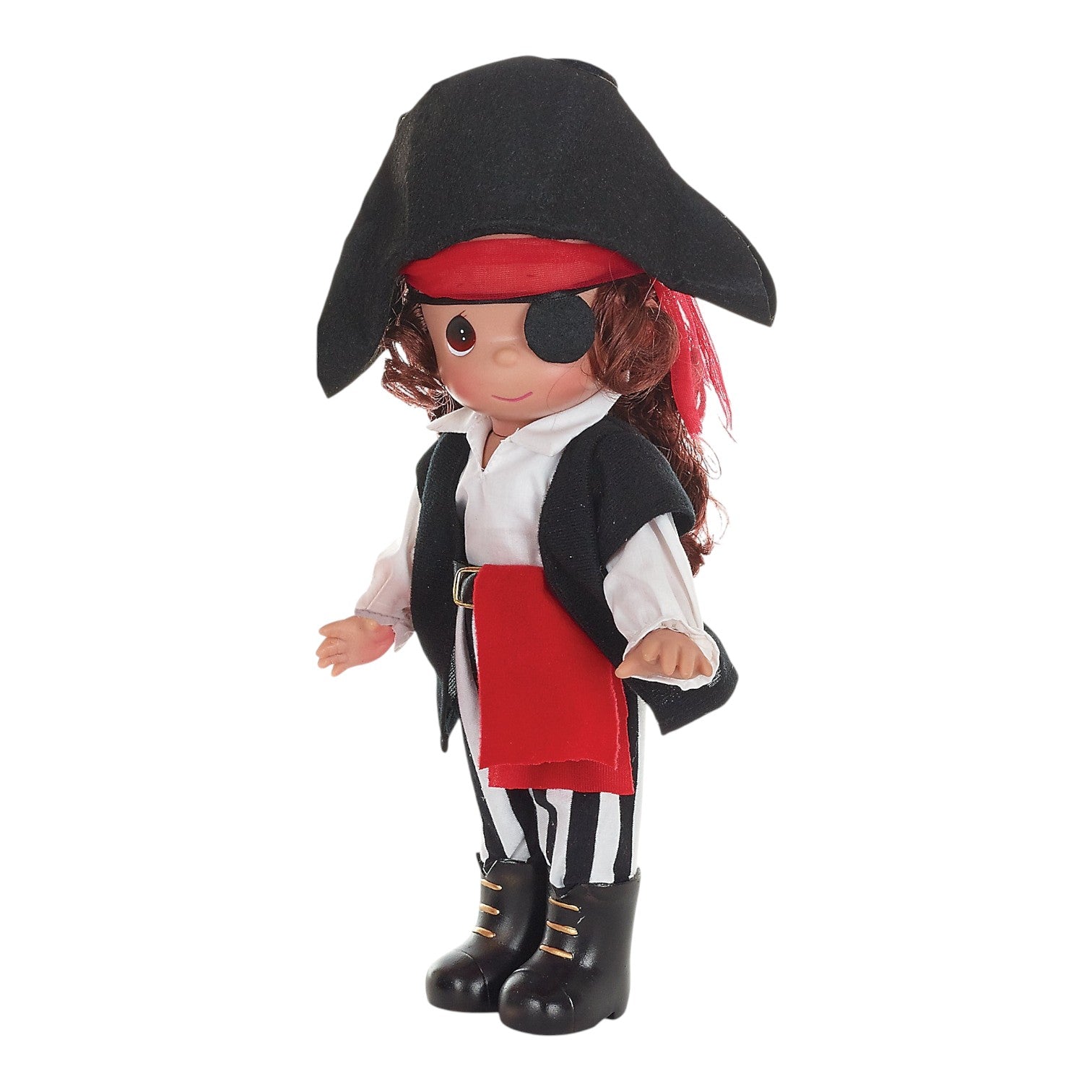 The Doll Maker 9-inch vinyl pirate boy doll wearing a black hat, eye patch, and striped trousers for Halloween decor.