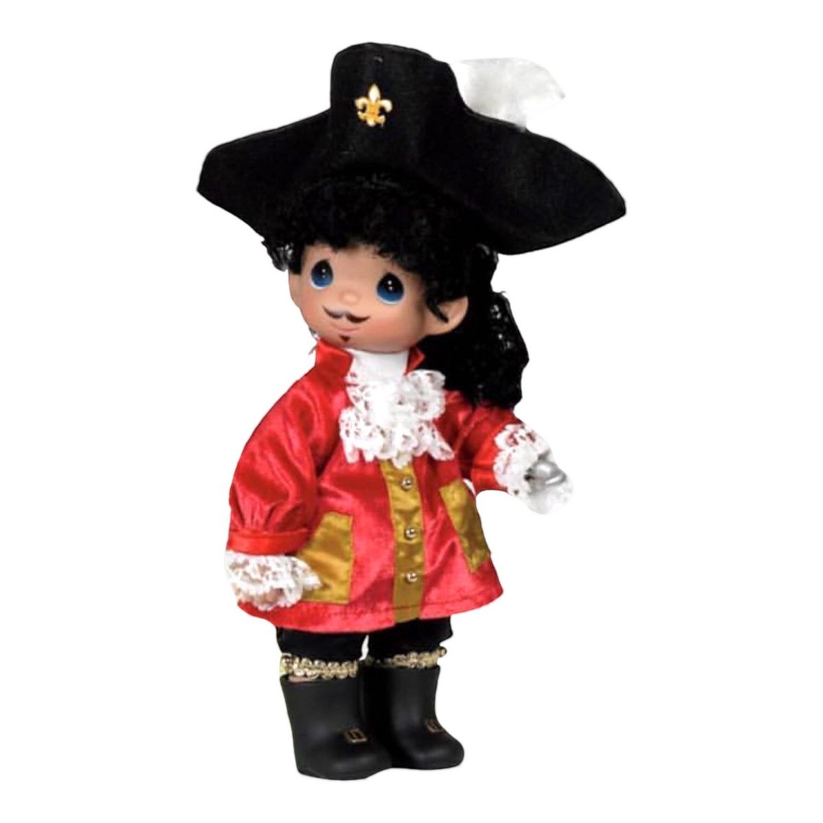 The Doll Maker 12-inch pirate doll wearing a red coat, black tricorn hat with white feather, and a silver hook hand.