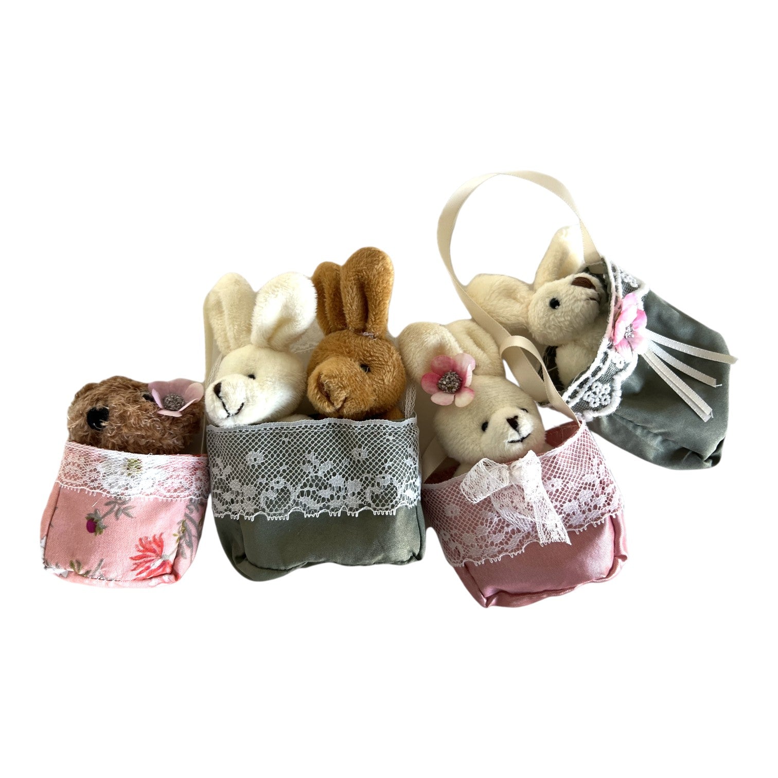 The Doll Maker plush animal shopping bags with lace trim and floral accents featuring miniature stuffed bunnies