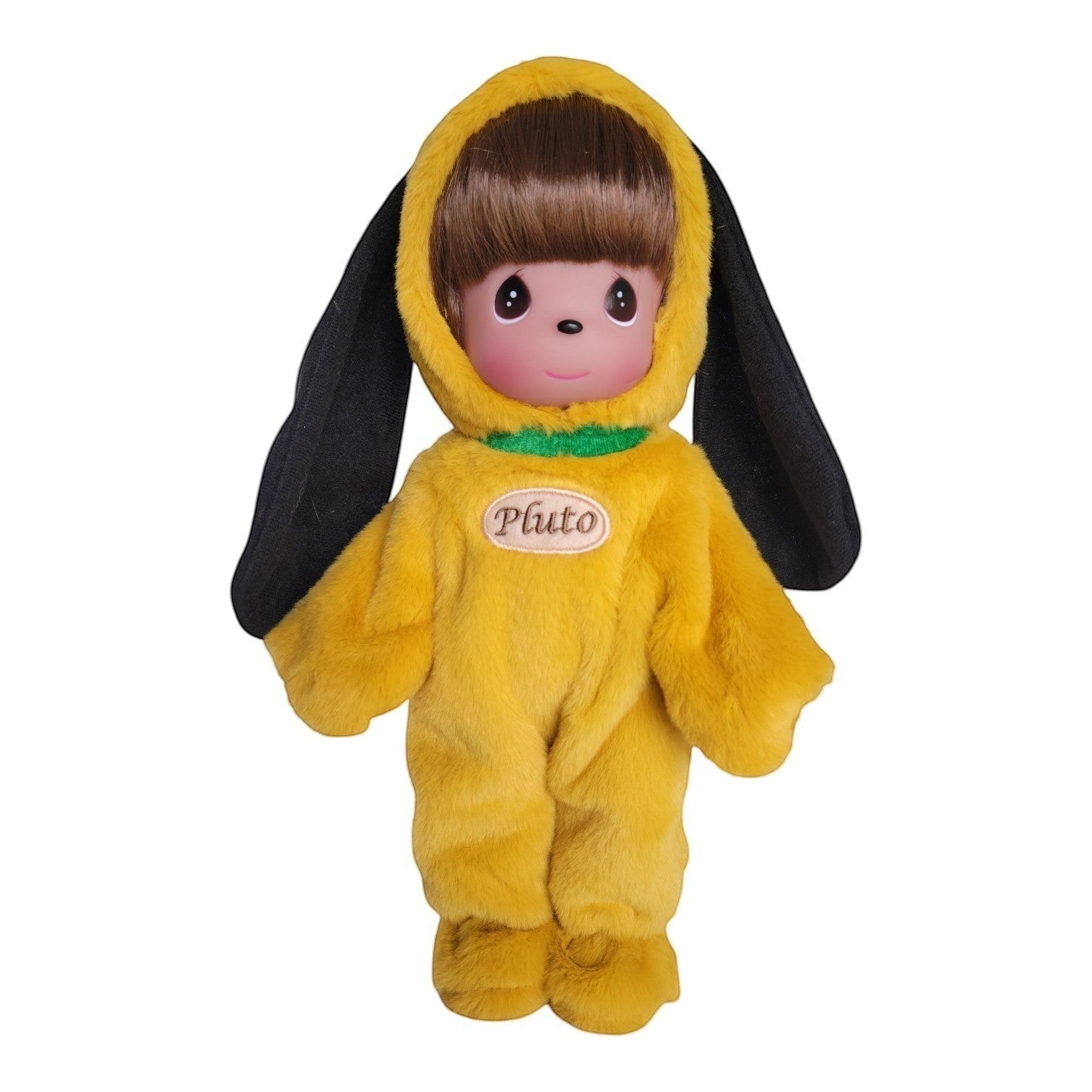 The Doll Maker 12-inch Pluto puppy doll wearing a soft plush dog costume with long ears and a green collar