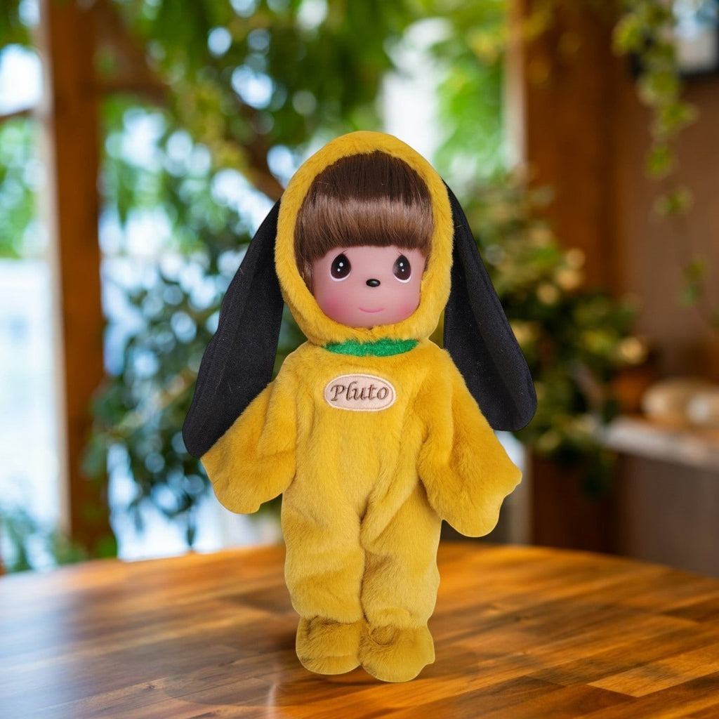 The Doll Maker 12-inch Pluto puppy doll wearing a soft plush dog costume with long ears and a hood.