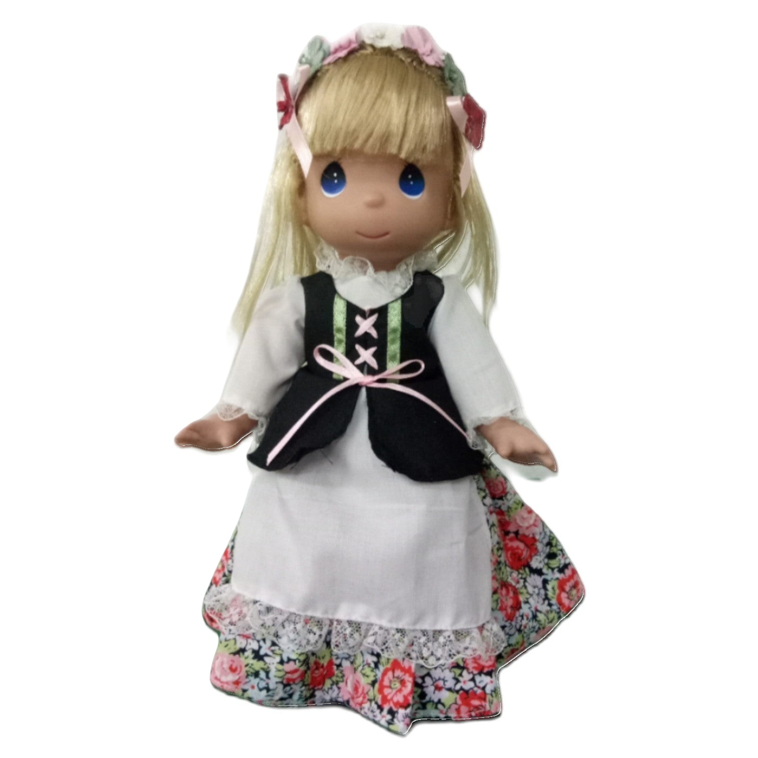 The Doll Maker 12-inch Polish cultural doll wearing a traditional black vest, white blouse, and floral skirt with wreath