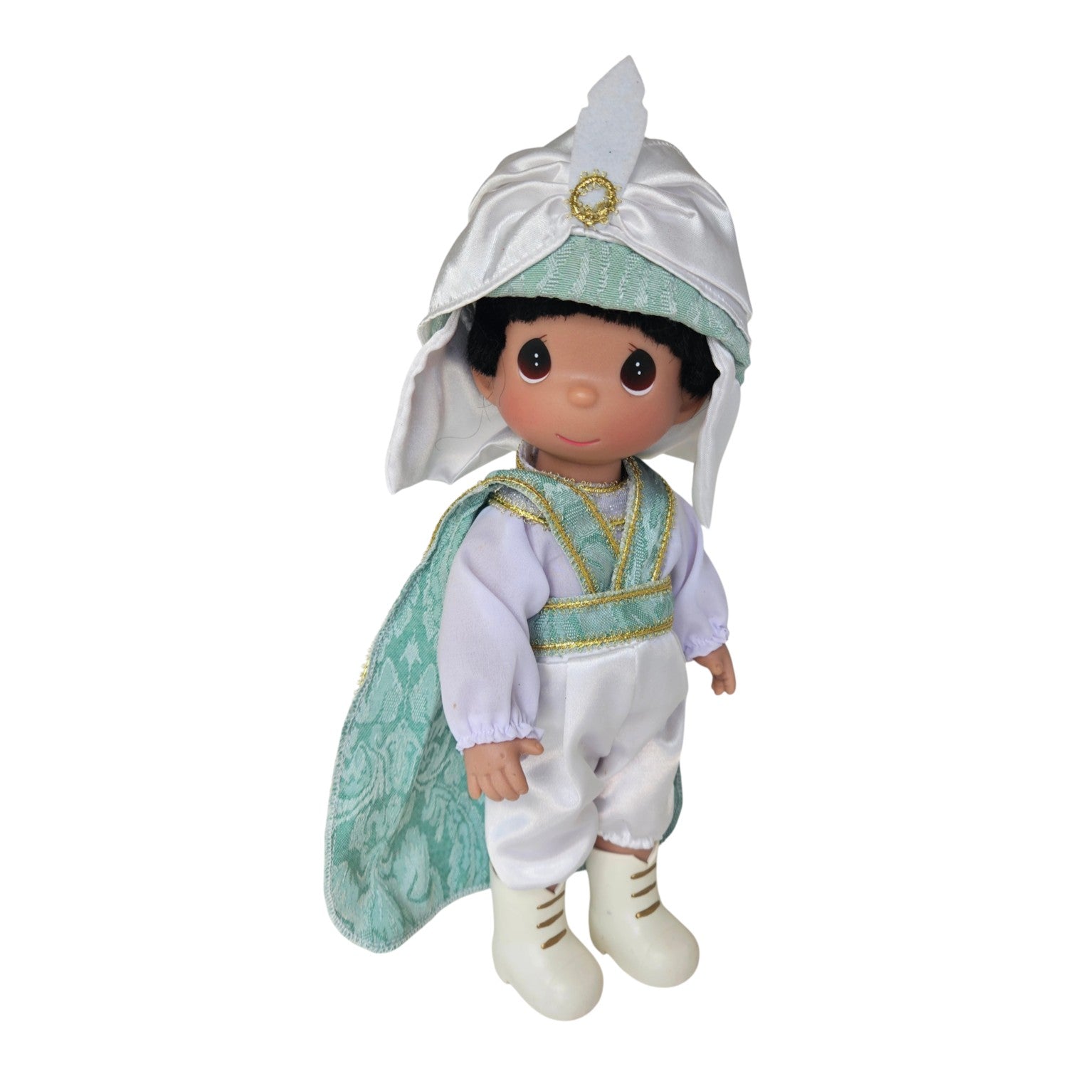 The Doll Maker 12-inch Prince Ali vinyl doll from Aladdin wearing a white and mint green outfit with a matching turban
